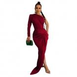 WineRed One Sleeve Halter Pleated Fashion Women Evening Long Dress