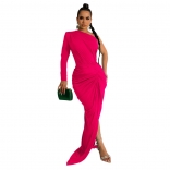 RoseRed One Sleeve Halter Pleated Fashion Women Evening Long Dress