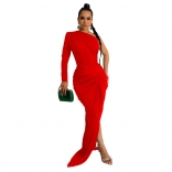 Red One Sleeve Halter Pleated Fashion Women Evening Long Dress