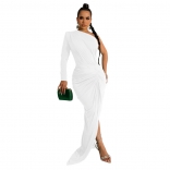 White One Sleeve Halter Pleated Fashion Women Evening Long Dress