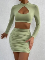 Green Long Sleeve V-Neck Bodycon 2PCS Mini Dress