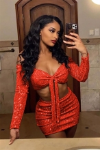 Red Sequin Low-Cut Long Sleeve 2PCS Party Bodycon Mini Dress