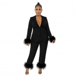 Black Long Sleeve V-Neck Button Feather Fashion Women Outfit Catsuit Dress