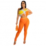 Orange Feather Halter Mesh Fashion Women Jumpsuit Sets