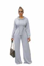 Grey Pleated Casual Long Seeve Wide Leg Trousers Two-Piece Set