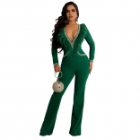 Green Long Sleeve Feather Deep V-Neck Rhinestone Bodycon Sexy Jumpsuit
