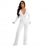 White Long Sleeve Feather Deep V-Neck Rhinestone Bodycon Sexy Jumpsuit