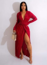 Red Long Sleeve Deep V-Neck Pleated Slit Sexy Women Maxi Dress