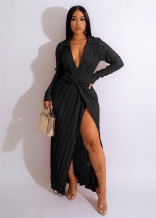 Black Long Sleeve Deep V-Neck Pleated Slit Sexy Women Maxi Dress