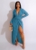 Blue Long Sleeve Deep V-Neck Pleated Slit Sexy Women Maxi Dress