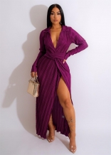 Purple Long Sleeve Deep V-Neck Pleated Slit Sexy Women Maxi Dress