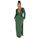 Green Deep V-Neck Long Sleeve Pleated Bodycon Women Maxi Dress
