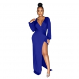 Blue Deep V-Neck Long Sleeve Pleated Bodycon Women Maxi Dress