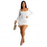 White Long Sleeve Bodycon Sexy Slim Women Feather Mini Dress