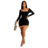 Black Long Sleeve Bodycon Sexy Slim Women Feather Mini Dress