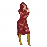 WineRed Long Sleeve Hoody Knitting Hollow-out Sexy Party Dress