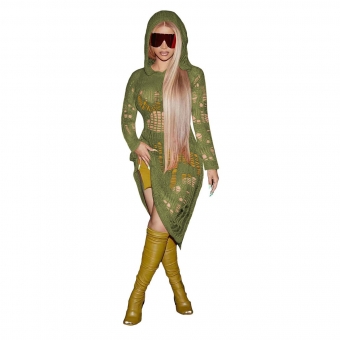 Green Long Sleeve Hoody Knitting Hollow-out Sexy Party Dress