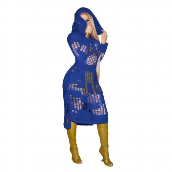 Blue Long Sleeve Hoody Knitting Hollow-out Sexy Party Dress