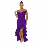 Purple Sleeveless Off-Shoulder Zipper V-Neck Ruffle Fishtail Maxi Dress