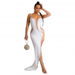 White Sleeveless Deep V-Neck Halter Rhinestone Slim Maxi Dress