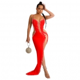 Red Sleeveless Deep V-Neck Halter Rhinestone Slim Maxi Dress