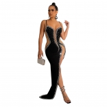 Black Sleeveless Deep V-Neck Halter Rhinestone Slim Maxi Dress