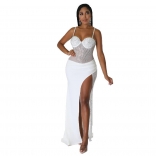 White Sleeveless Halter Low-Cut Rhinestone Bodycon Sexy Evening Dress