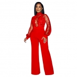 Red Mesh Sequin Long Sleeve Hollow-out Sexy Women Jumpsuit