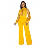 Yellow Mesh Sequin Long Sleeve Hollow-out Sexy Women Jumpsuit