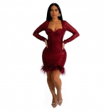 WineRed Long Sleeve V-Neck Sequin Bodycon Feather Sexy Mini Dress