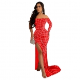 Red Off-Shoulder Boat-Neck Mesh Rhinestone Sexy Evening Long Dress
