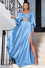 Blue Long Sleeve Low-Cut Hollow-out Fashion Women Maxi Dress