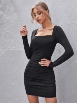Black Long Sleeve Boat-Neck Bodycon Women Club Mini Dress