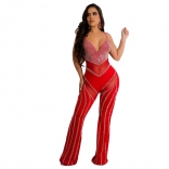 Red Low-Cut Sexy V-Neck Rhinestone Halter Mesh Slim Women Jumpsuit Dress