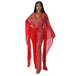 Red Long Sleeve Low-Cut V-Neck Mesh Rhinestone Bodycon Sexy Jumpsuit