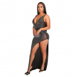 Black Mesh Rhinestone Sleeveless Sexy Slit Women Maxi Dress