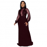 WineRed Mesh Sequin Long Sleeve Deep V-Neck Lace Sexy Bodycon Women Maxi Dress