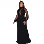 Black Mesh Sequin Long Sleeve Deep V-Neck Lace Sexy Bodycon Women Maxi Dress