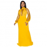 Yellow Mesh Sequin Long Sleeve Deep V-Neck Lace Sexy Bodycon Women Maxi Dress