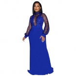Blue Mesh Sequin Long Sleeve Deep V-Neck Lace Sexy Bodycon Women Maxi Dress