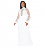 White Mesh Sequin Long Sleeve Deep V-Neck Lace Sexy Bodycon Women Maxi Dress