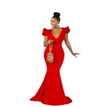 Red Sleeveless Deep V-Neck Foral Shoulder Slim Women Sexy Evening Long Dress