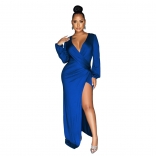 Blue Long Sleeve Deep V-Neck Bodycon Slit Evening Maxi Dress