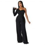 Black One Sleeve Feather Bodycon Belted Women Fashion Jumpsuit