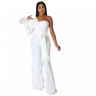 White One Sleeve Feather Bodycon Belted Women Fashion Jumpsuit