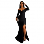 Black Off-Shoulder Long Sleeve V-Neck Sexy Women Evening Long Dress