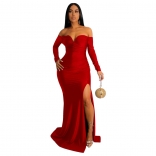 Red Off-Shoulder Long Sleeve V-Neck Sexy Women Evening Long Dress