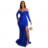 Blue Off-Shoulder Long Sleeve V-Neck Sexy Women Evening Long Dress