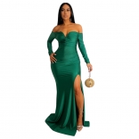 Green Off-Shoulder Long Sleeve V-Neck Sexy Women Evening Long Dress