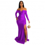 Purple Off-Shoulder Long Sleeve V-Neck Sexy Women Evening Long Dress